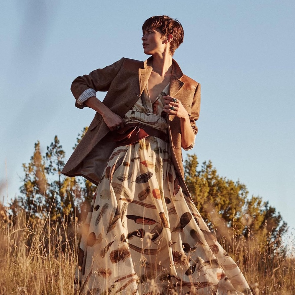Banana Republic Cream and Brown Feather Patterned Maxi Dress